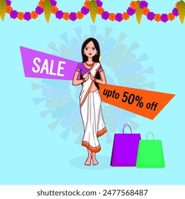 Onam Sale Poster Design with South Indian Woman in Namaste or Welcome Pose, Shopping Bags on Blue Background.