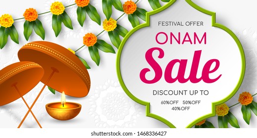 Onam sale promotion banner decorated floral wreath with umbrella. South India Kerala traditional festival discount offer. Vector illustration.