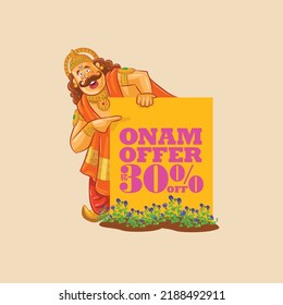 Promoción de Onam Sales creativa con la ilustración del rey Mahabali.