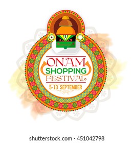 Onam Shopping Festival Poster, Banner or Flyer design, Creative illustration of beautiful floral rangoli with kathakali dancer face for South Indian Famous Festival celebration.