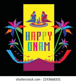 ONAM: South Indian Kerala festival happy onam calligraphy and  vector illustration design background 