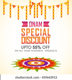 Onam Special Discount with Upto 55% Off, Creative Poster, Banner or Flyer design decorated with colorful rangoli for South India Festival celebration.