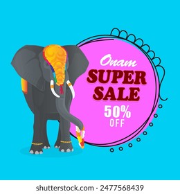 Onam Super Sale Poster Design with Elephant Illustration on Purple and Blue Background.