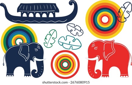 onam traditional decorative elements set colorful kathakali inspired illustrations of elephants boat and banana leaves