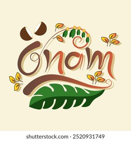 Onam is written in stylized colorful letters Two halves of a coconut are depicted symbolizing abundance and prosperity  Green leaves possibly from a banana tree are included symbolizing nature 