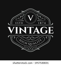 Onate vintage frame badge logo template. Antique retro classic label with flourish ornament. Suitable for whiskey, wine, beer, brewery, vodka, tequila, coffee, food and drink products. 