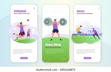 Onboard screen with illustration about men's sport activities like volleyball, heavy lifting and playing soccer