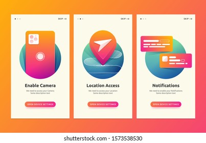 Onboarding app mockup. Camera, Notifications, Location settings screens