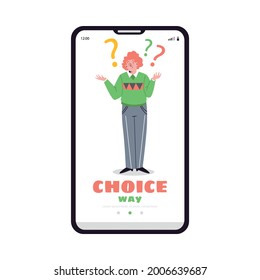 Onboarding app page with hesitating confused man trying to make right choice, flat cartoon vector illustration. Mobile screen with man having questions.