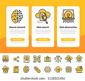 Onboarding app screens of Data computing, internet technology and data secure icons set. Suitable for Interface UI, UX, mobile apps, websites.