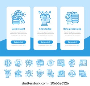 Onboarding app screens of Data science technology and machine learning process icons set. Suitable for Interface UI, UX, mobile apps, websites.