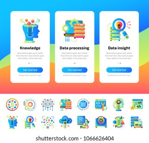 Onboarding app screens of Data science technology and machine learning process flat icons set. Suitable for Interface UI, UX, mobile apps, websites.