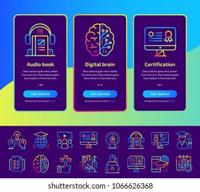 Onboarding app screens of education and e-learning icons set. Suitable for Interface UI, UX, mobile apps, websites.