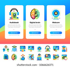 Onboarding app screens of education and e-learning icons set. Suitable for Interface UI, UX, mobile apps, websites.