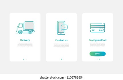 Delivery concept onboarding app screens. Modern and simplified vector illustration walkthrough screens template for mobile apps.
