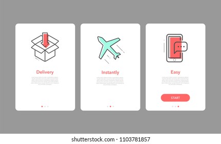 Delivery concept onboarding app screens. Modern and simplified vector illustration walkthrough screens template for mobile apps.
