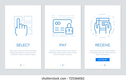 Onboarding app screens in shopping online concept. Modern and simplified vector illustration walkthrough screens template for mobile apps.