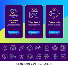 Onboarding app screens of Virtual and Augmented Reality, VR technology icons set. Suitable for Interface UI, UX, mobile apps, websites.
