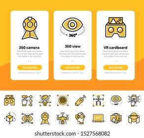 Onboarding app screens of Virtual and Augmented Reality, VR technology icons set. Suitable for Interface UI, UX, mobile apps, websites.