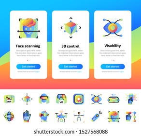Onboarding app screens of Virtual and Augmented Reality, VR technology icons set. Suitable for Interface UI, UX, mobile apps, websites.