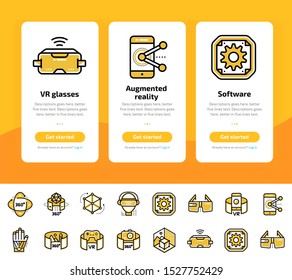 Onboarding app screens of Virtual and Augmented Reality, VR technology icons set. Suitable for Interface UI, UX, mobile apps, websites.
