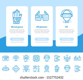 Onboarding app screens of Virtual and Augmented Reality, VR technology icons set. Suitable for Interface UI, UX, mobile apps, websites.