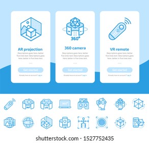 Onboarding app screens of Virtual and Augmented Reality, VR technology icons set. Suitable for Interface UI, UX, mobile apps, websites.