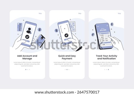 Onboarding app screens and web concept online mobile payments application for apps in line style
