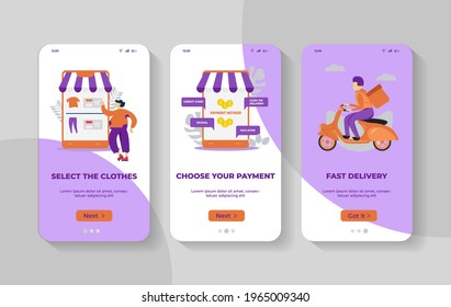 Interfaz de usuario de aplicación para el embarque, Ilustración de un diseño de compra fácil de comercio electrónico con 3 pasos, E commerce Onboard Illustración adecuada para necesidades de diseño de aplicaciones. Conceptos de plantilla para la página de aplicaciones móviles. 
