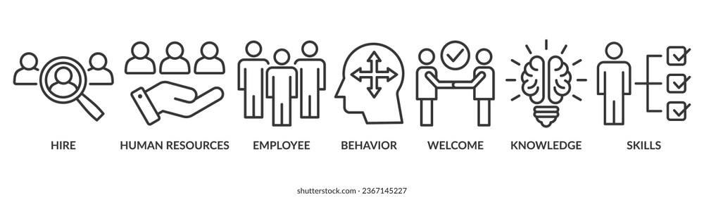 Icono de portada de banner en la web concepto de ilustración vectorial para la industria de los recursos humanos para introducir a un empleado recién contratado en una organización con un icono de comportamiento, bienvenida, conocimiento y habilidades