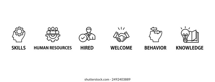 Onboarding banner web icon vector illustration concept for human resources business industry to introduce newly hired employee into an organization with behavior, welcome, knowledge, and skills icon