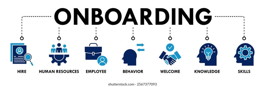 Onboarding banner web icon vector illustration concept for human resources business industry to introduce newly hired employee into an organization with behavior, welcome, knowledge, and skills icon