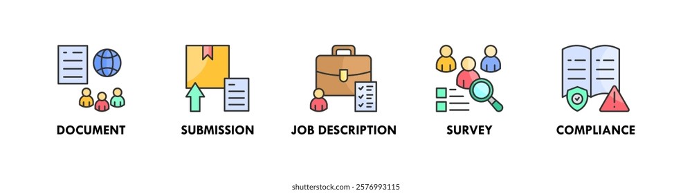 Onboarding banner web icon vector illustration concept with icons of document, submission, job description, survey, and compliance