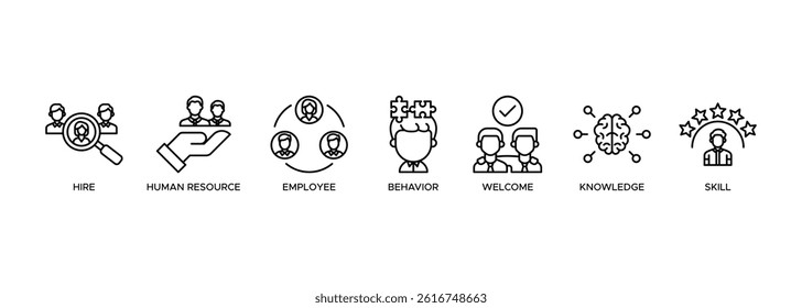 Onboarding banner web icon vector illustration concept for human resources business industry to introduce newly hired employee into an organization with behavior, welcome, knowledge, and skills icon