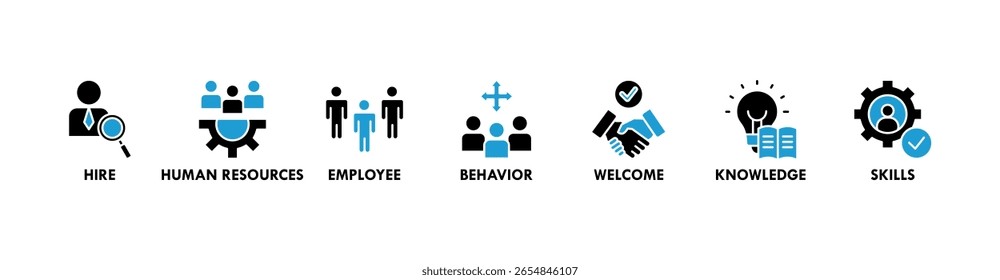Onboarding banner web icon vector illustration concept for human resources business industry to introduce newly hired employee into an organization with behavior, welcome, knowledge, and skills icon