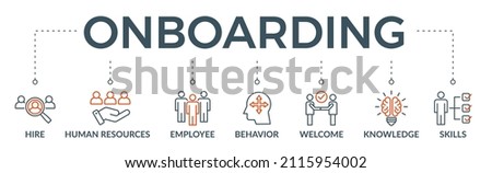Onboarding banner web icon vector illustration concept for human resources business industry to introduce newly hired employee into an organization with behavior, welcome, knowledge, and skills icon ストックフォト © 