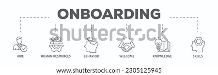 Onboarding banner web icon vector illustration concept for human resources business industry to introduce newly hired employee into an organization with behavior, welcome, knowledge, and skills icon
