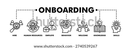 Onboarding banner web line vector illustration concept for human resources business industry to introduce newly hired employee into an organization with behavior, welcome, knowledge, and skills icon