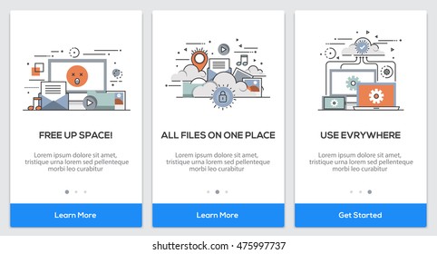 Onboarding Cloud Storage app Screens. Modern user interface UX, UI screen template for mobile smart phone or responsive web site. Vector Illustration