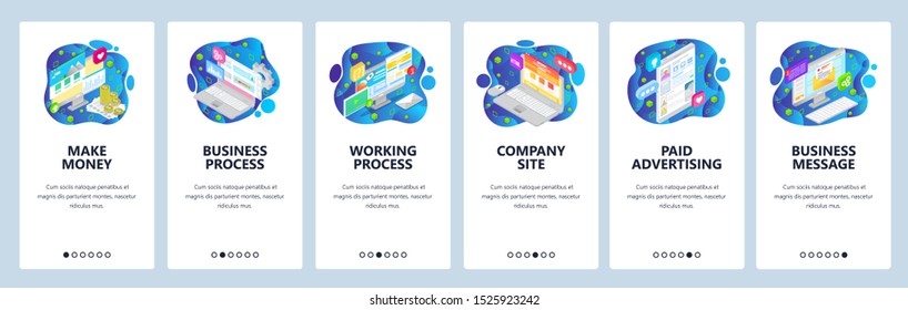 Onboarding for company website and mobile app. Menu banner vector template for web site and application development. Make money, Business and working processes and other walkthrough screens.