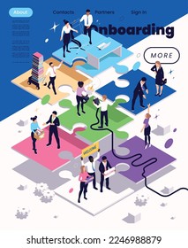 Onboarding concept isometric web page with staff welcoming and helping new employees in office 3d vector illustration