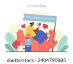 Onboarding concept. Warm welcome to new staff with guiding hands and hearts. Completing the team puzzle. Flat vector illustration