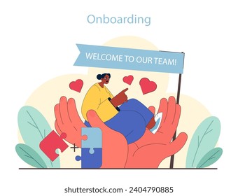 Onboarding concept. Warm welcome to new staff with guiding hands and hearts. Completing the team puzzle. Flat vector illustration