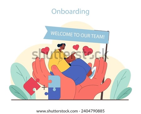 Onboarding concept. Warm welcome to new staff with guiding hands and hearts. Completing the team puzzle. Flat vector illustration