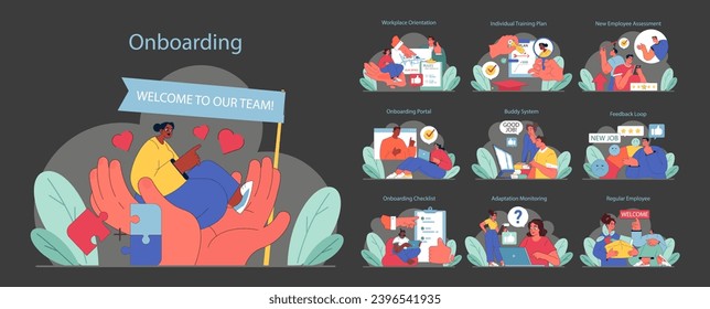 Onboarding dark or night mode set. Welcoming new hires with comprehensive steps. From orientation to becoming a team member. Flat vector illustration.