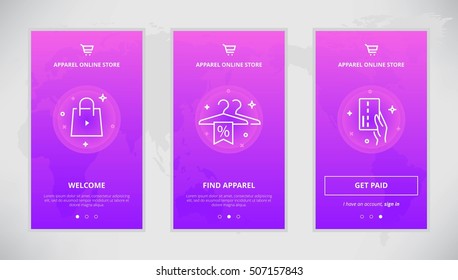 Onboarding Design Concept For Apparel Online Store. Modern Vector Outline Mobile App Design Set Of Apparel Shop. Onboarding Screens For Apparel Shopping Online