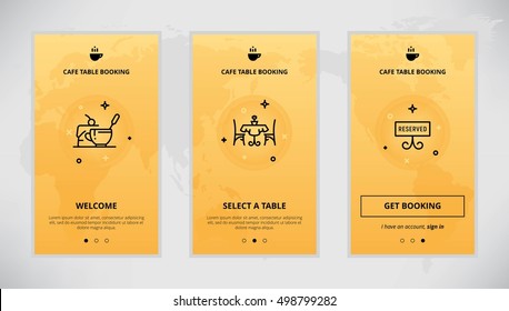 Onboarding design concept for cafe table booking service. Modern vector outline mobile app design set of a table booking services. Onboarding screens for a table booking online