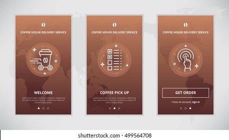 Onboarding Design Concept For Coffee Delivery Service. Modern Vector Outline Mobile App Design Set Of A Coffee Delivery Services. Onboarding Screens For A Coffee Delivery Order Online