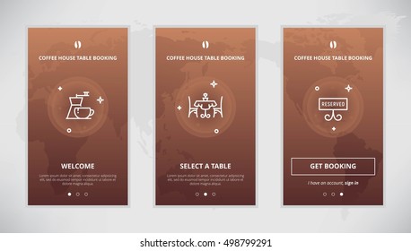 Onboarding design concept for coffee house table booking service. Modern vector outline mobile app design set of a table booking services. Onboarding screens for a table booking online