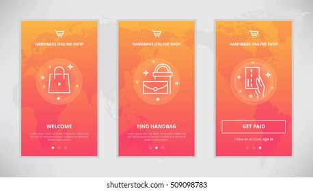 Onboarding design concept for handbags online store. Modern vector outline mobile app design set of handbags online shopping. Onboarding screens for handbags buying online svg